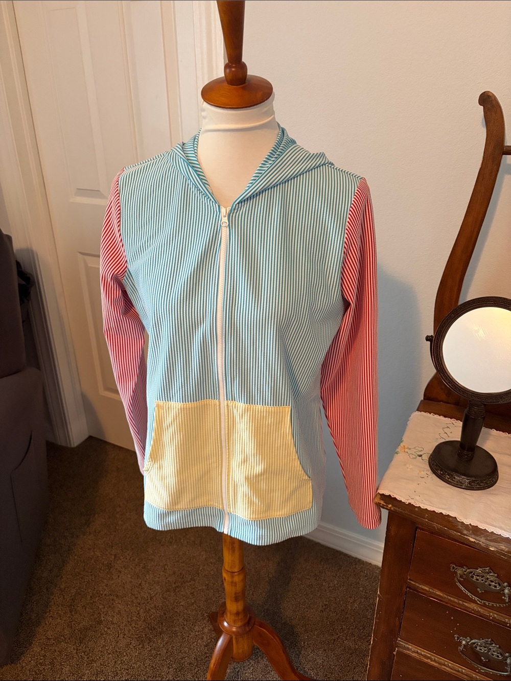 Lands' End Striped Hooded Zip sunscreen Jacket in Light Blue, Red & Yellow